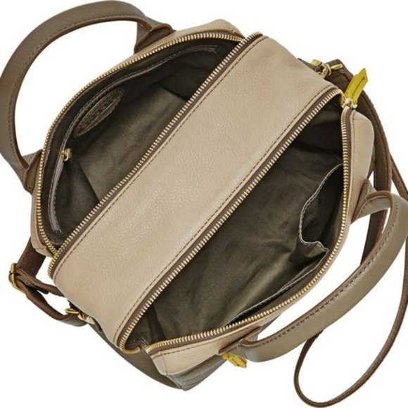 FOSSIL Erin Colourblocked Satchel Leather Khaki Beige Double Zip Carry Bag - Picture 2 of 15